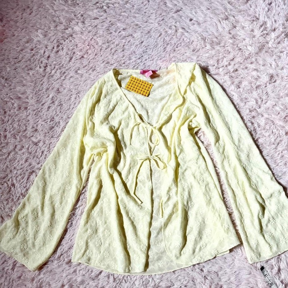 Butter Yellow Sheer Daisy Retro Sunshine Kidcore Tie Front Cardigan Womens 1XL